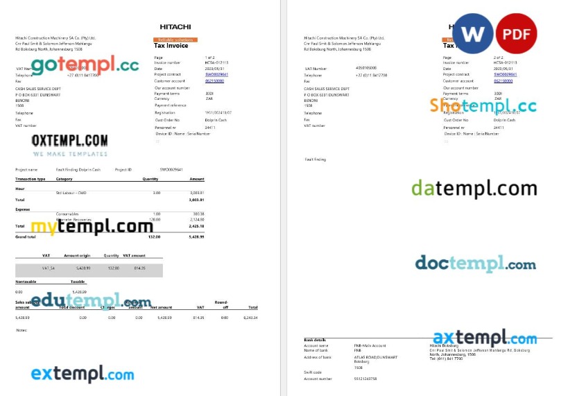 South Africa Johannesburg Hitachi Construction Machinery tax invoice editable template in Word and PDF formats