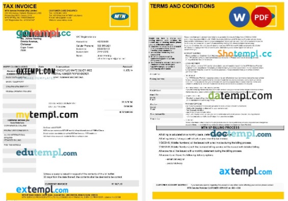 South Africa Johannesburg MTN Service Provider tax invoice editable template in Word and PDF formats