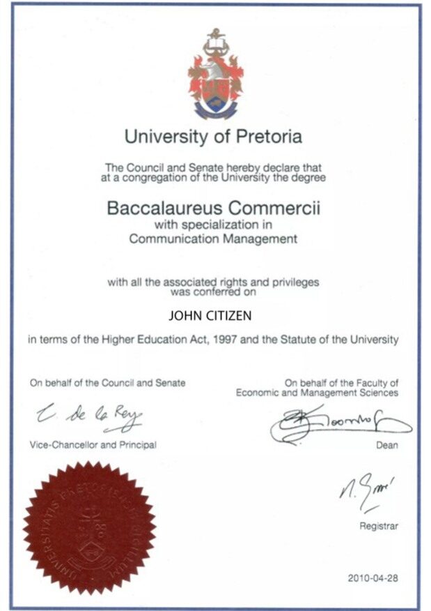 South Africa Pretoria university diploma template in PSD format