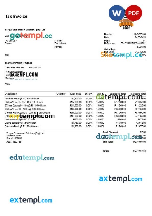 South Africa Rayton Torque Exploration Solutions tax invoice editable template in Word and PDF formats