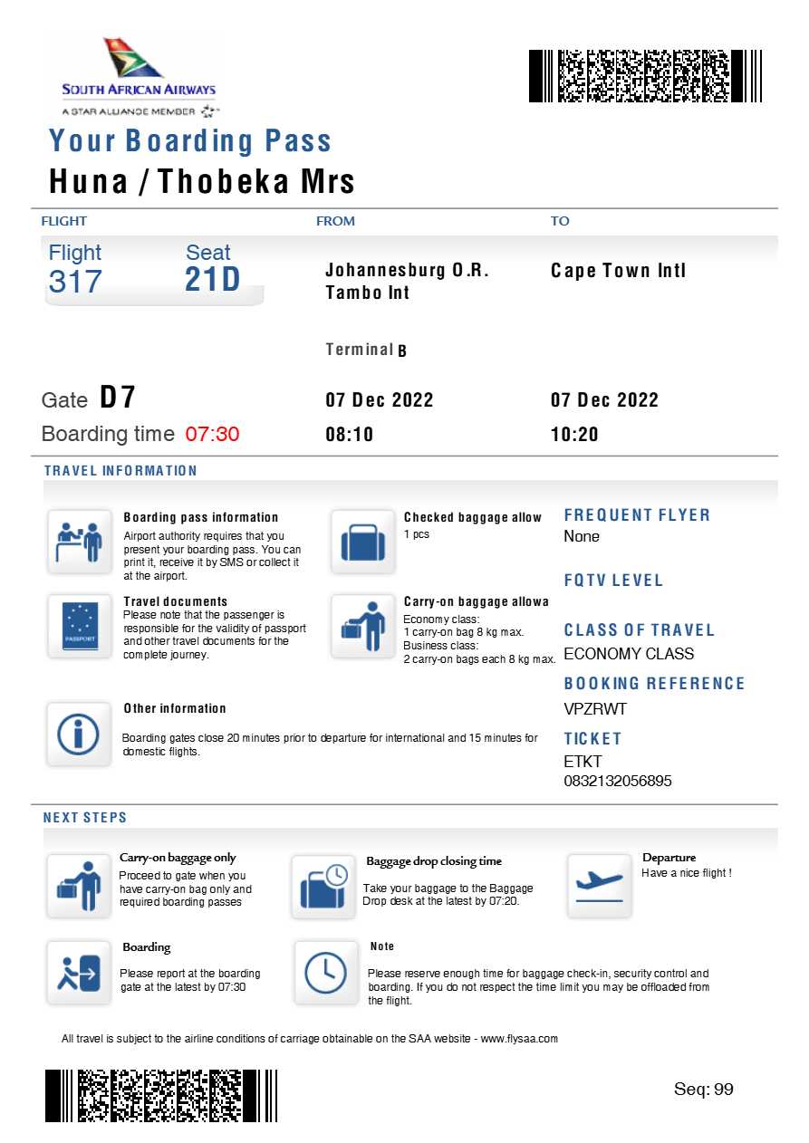 South African Airways boarding pass in Word and PDF formats