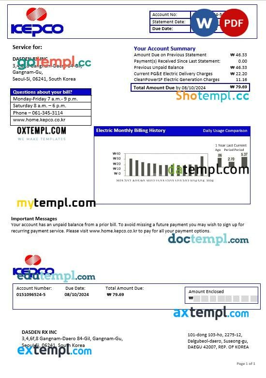 South Korea Electric Power Corporation electricity business utility bill template in Word and PDF formats