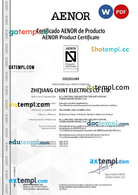 Spain AENOR product certificate editable template in Word and PDF format (version 1)