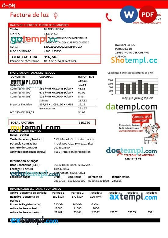 Spain E.ON electricity business utility bill template in Word and PDF formats