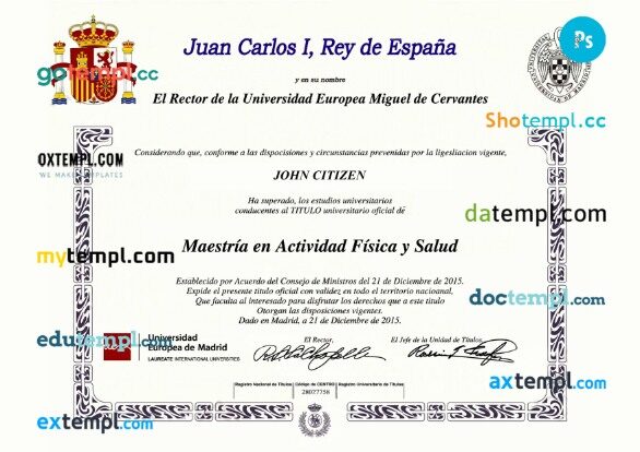 Spain European University Madrid diploma template in PSD format