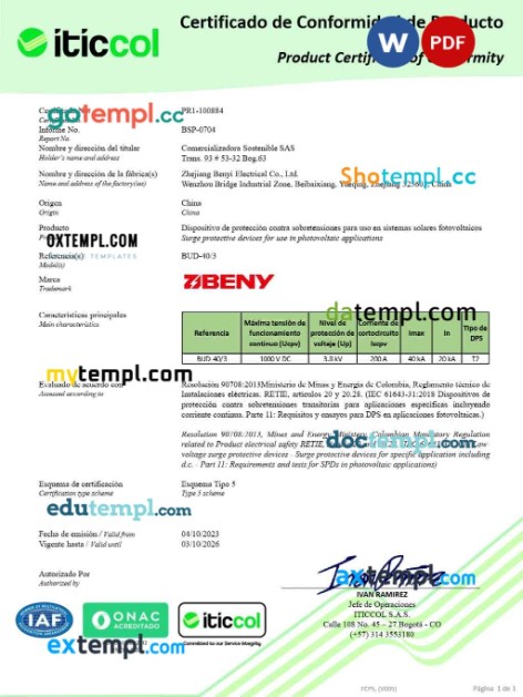 Spain TICCOL S.A.S. product certificate editable template in Word and PDF format