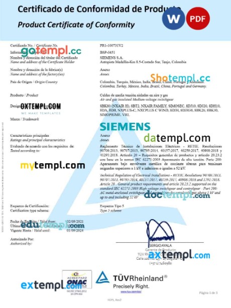 Spain TÜV Rheinland Colombia S.A.S. product conformity certificate editable template in Word and PDF formats (solar panel)