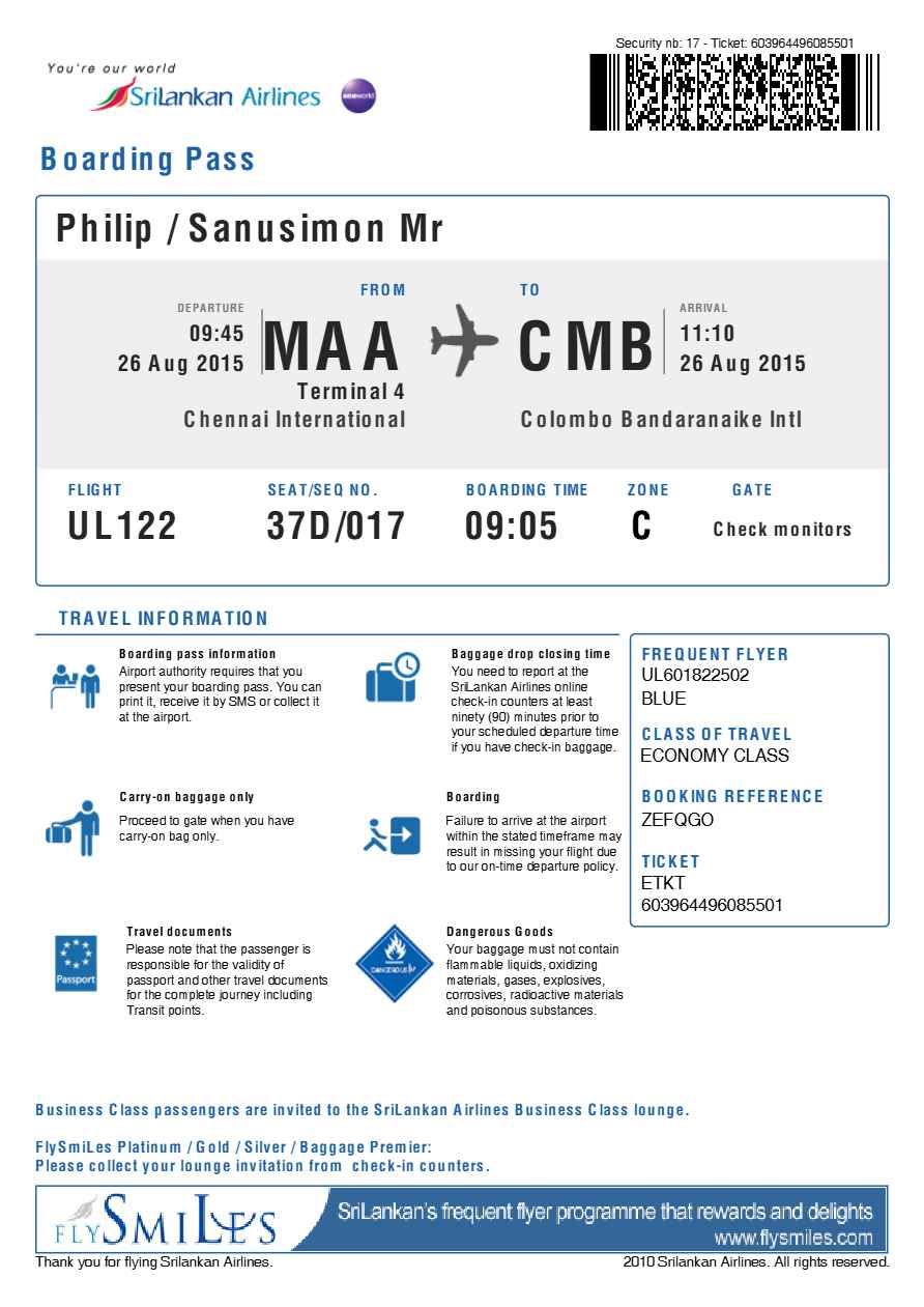 Tunis Air boarding pass in Word and PDF formats