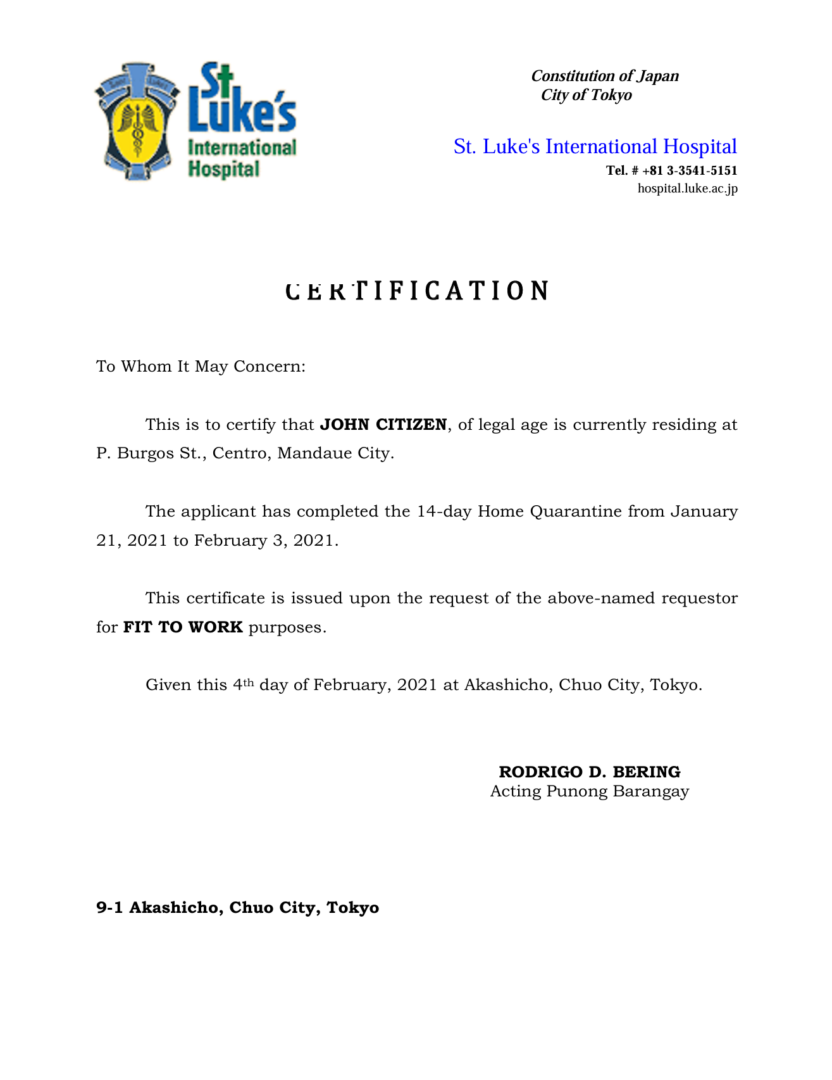 St. Luke’s International Hospital medical certificate template in Word and PDF formats