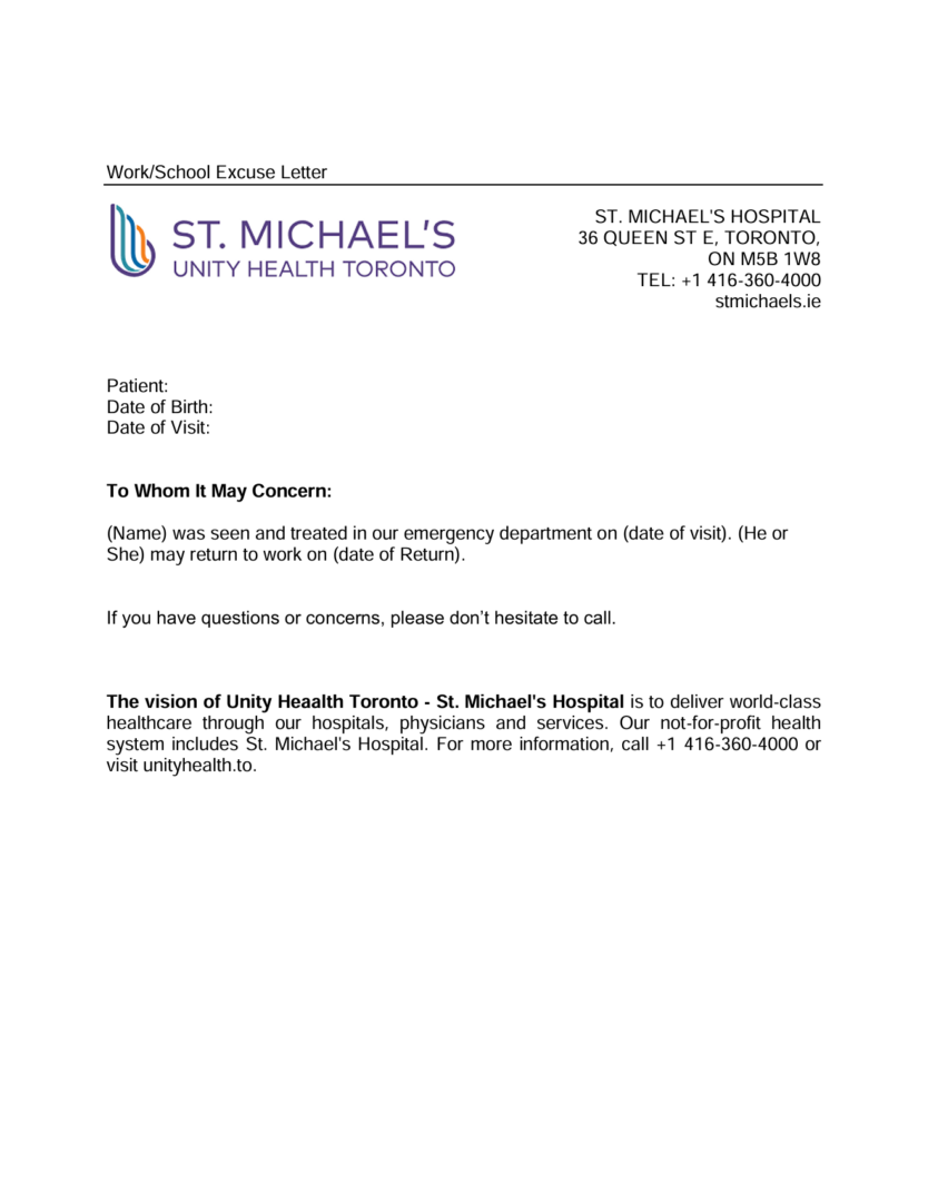 St. Michael’s Hospital excuse letter template in Word and PDF formats