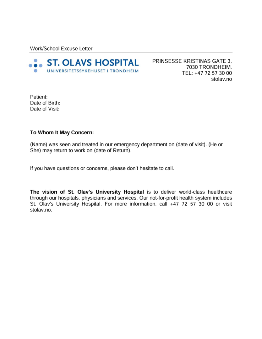 St. Olav’s University Hospital excuse letter template in Word and PDF formats