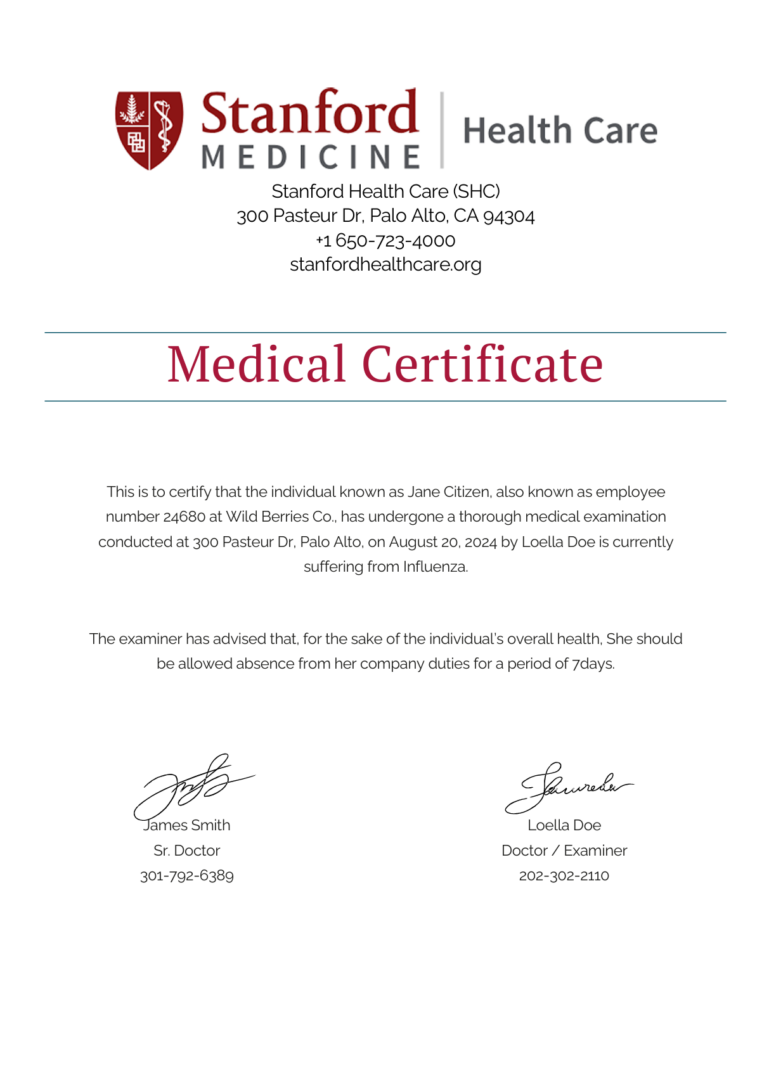 Stanford Health Care – Stanford Hospital medical certificate template in Word and PDF formats