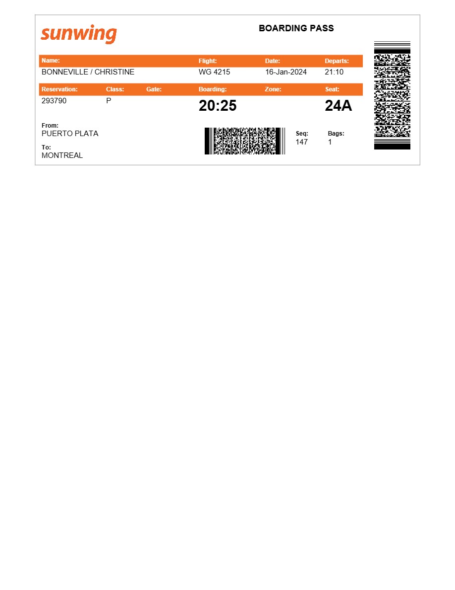 Sunwing boarding pass in Word and PDF formats