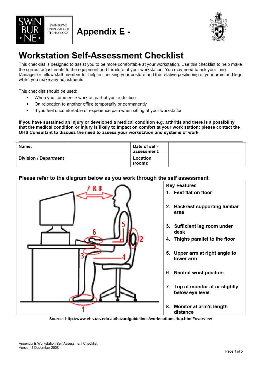 Swinburne University Workstation Self-Assessment checklist template in Word and PDF formats, 5 pages