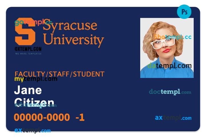 Syracuse University student ID template in PSD format, fully editable