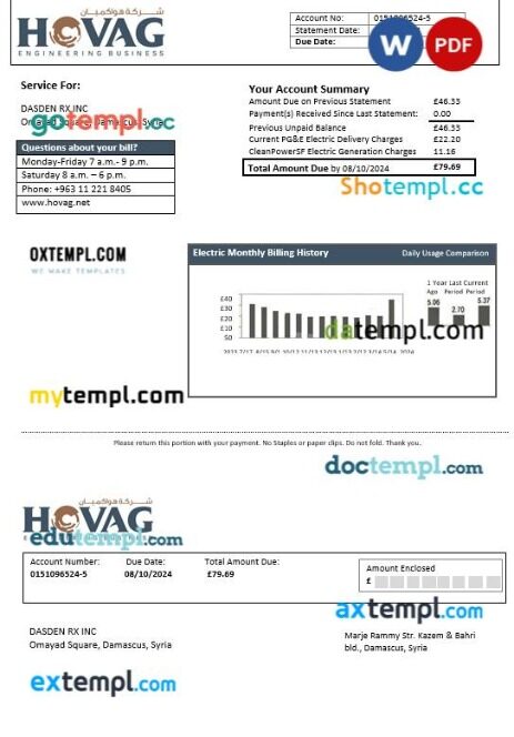 Syria HOVAG Company electricity business utility bill template in Word and PDF formats