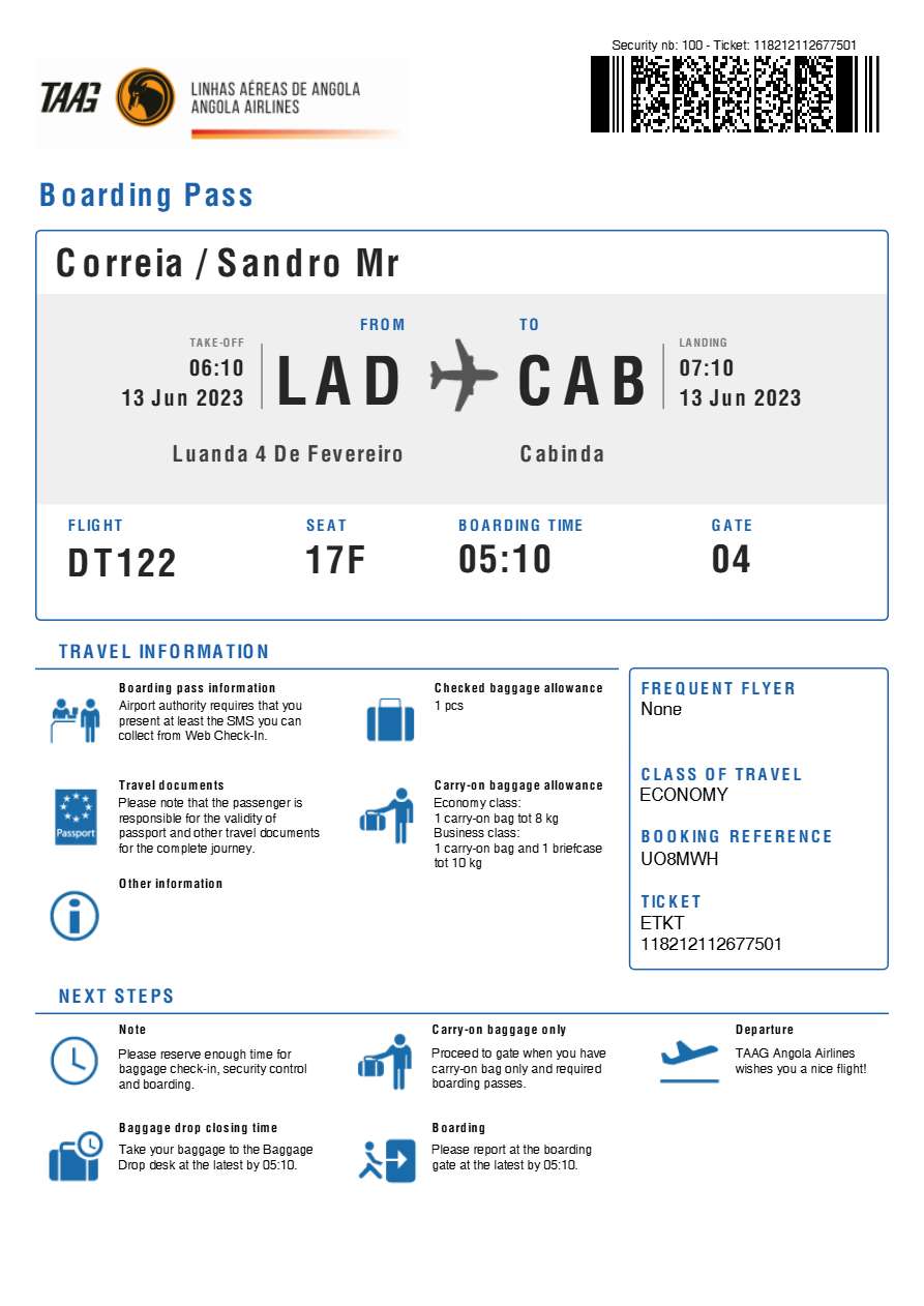 TAAG boarding pass in Word and PDF formats