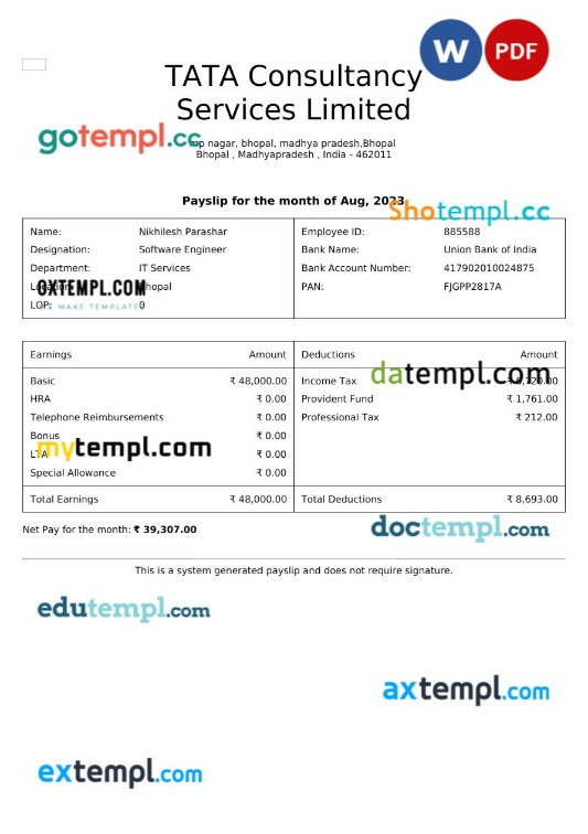 TATA Consultancy Services payslip template in Word and PDF formats, version 2