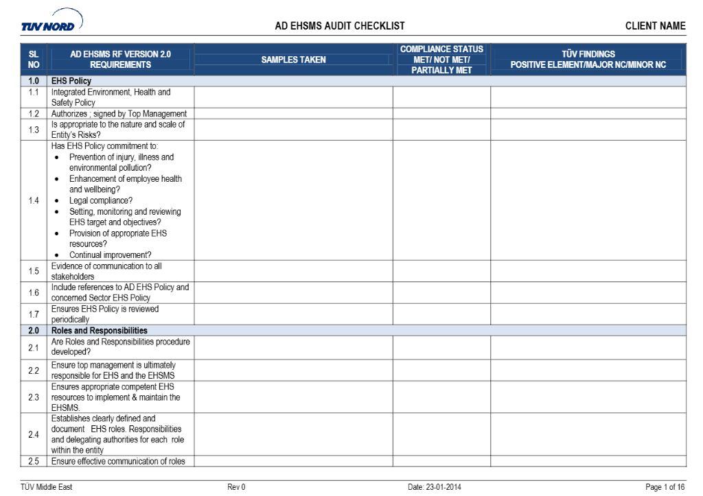 TUV Nord Audit checklist template in Word and PDF formats, 16 pages