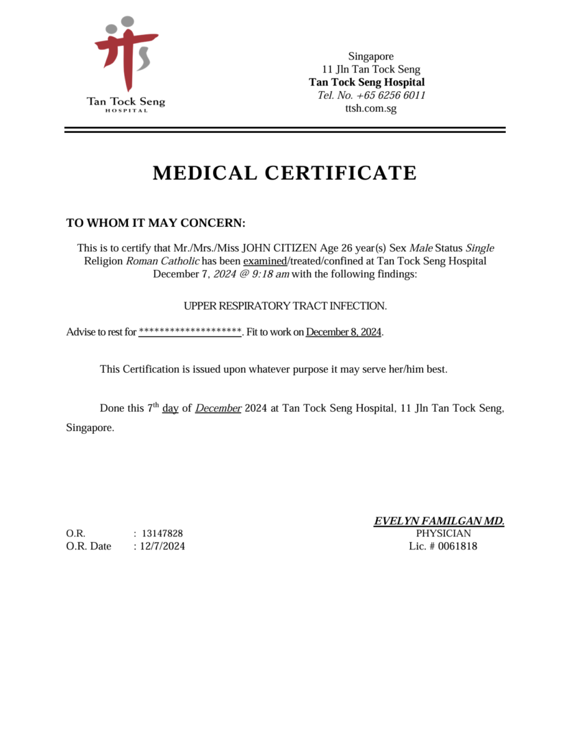 Tan Tock Seng Hospital medical certificate template in Word and PDF formats