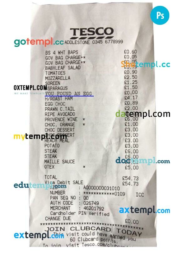 Tesco supermarket receipt PSD template