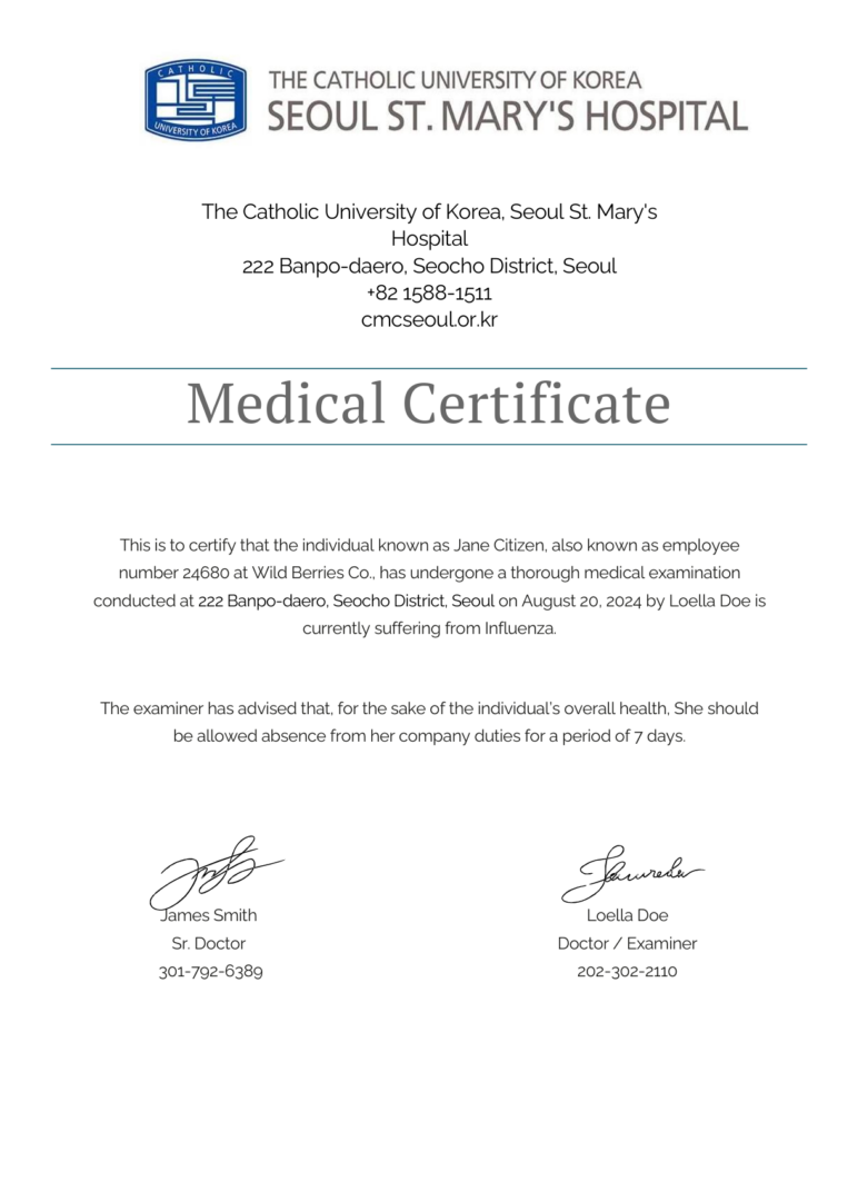 The Catholic University of Korea, Seoul St. Mary’s Hospital medical certificate template in Word and PDF formats