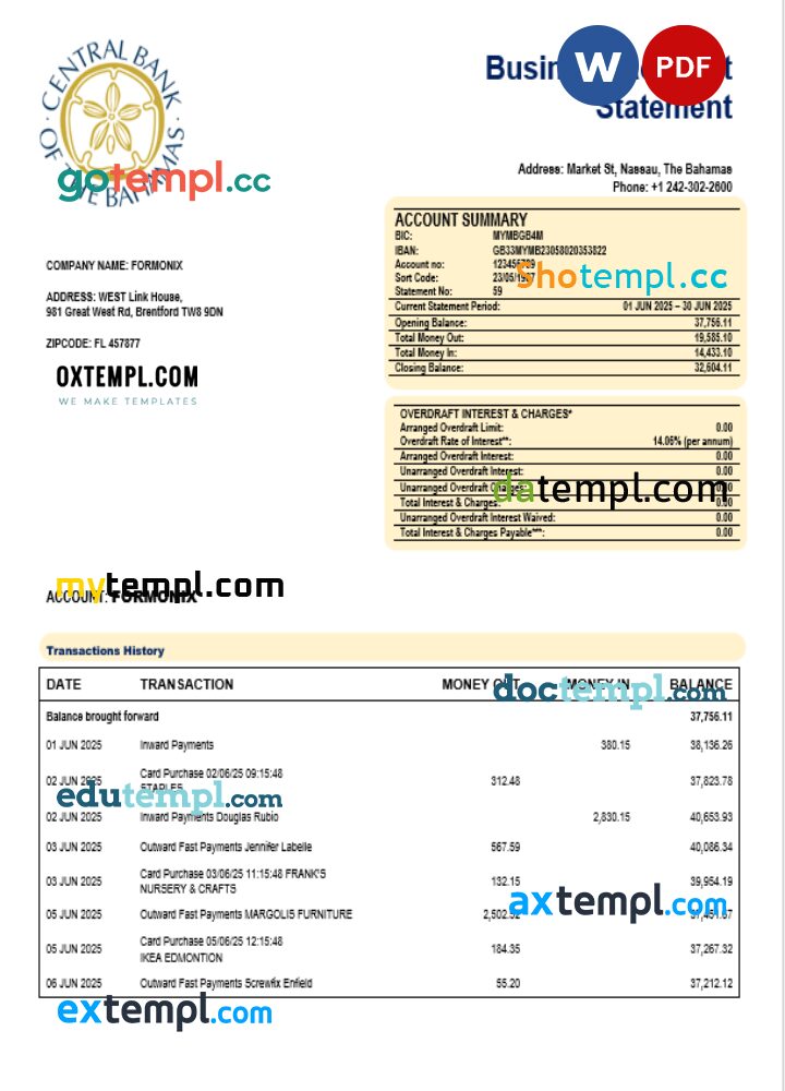 The Central Bank of Bahamian enterprise account statement Word and PDF template