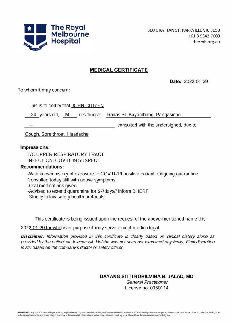 The Royal Melbourne Hospital – Parkville medical certificate template in Word and PDF formats