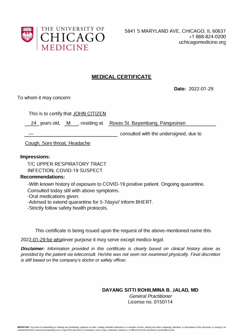 The University of Chicago Medical Center medical certificate template in Word and PDF formats