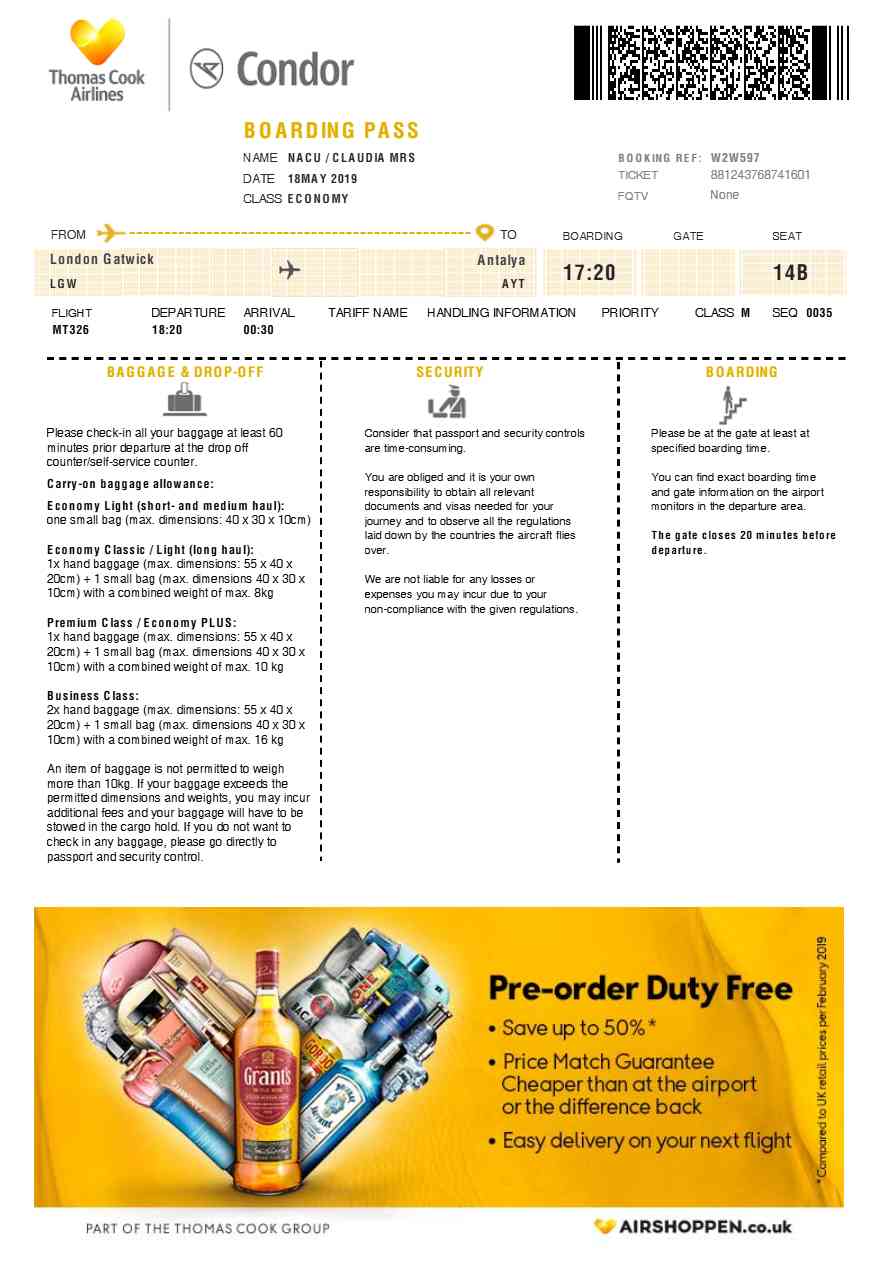 Tunis Air boarding pass in Word and PDF formats