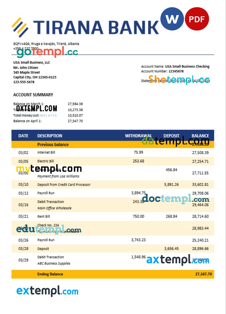 Tirana firm account statement Word and PDF template