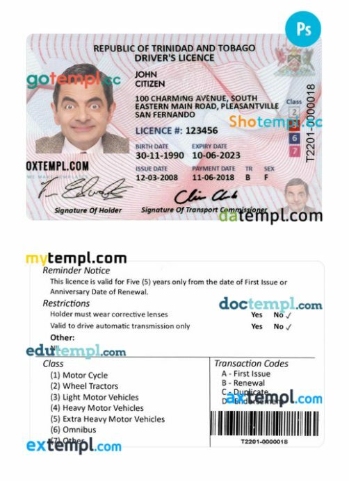 Trinidad and Tobago driving license download example in PSD format