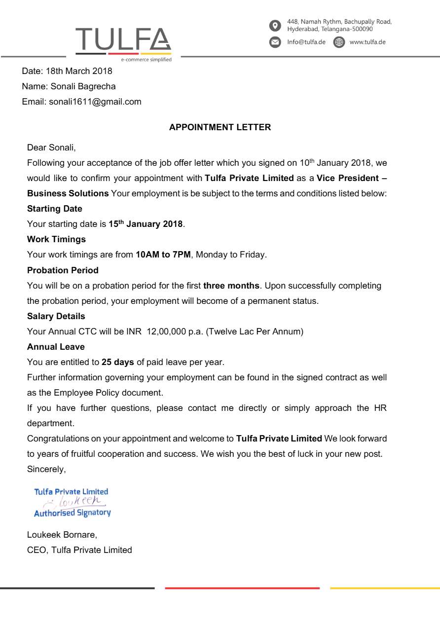 Tulfa Pvt. Ltd. Vice President – business solutions offer letter in Word and Pdf formats