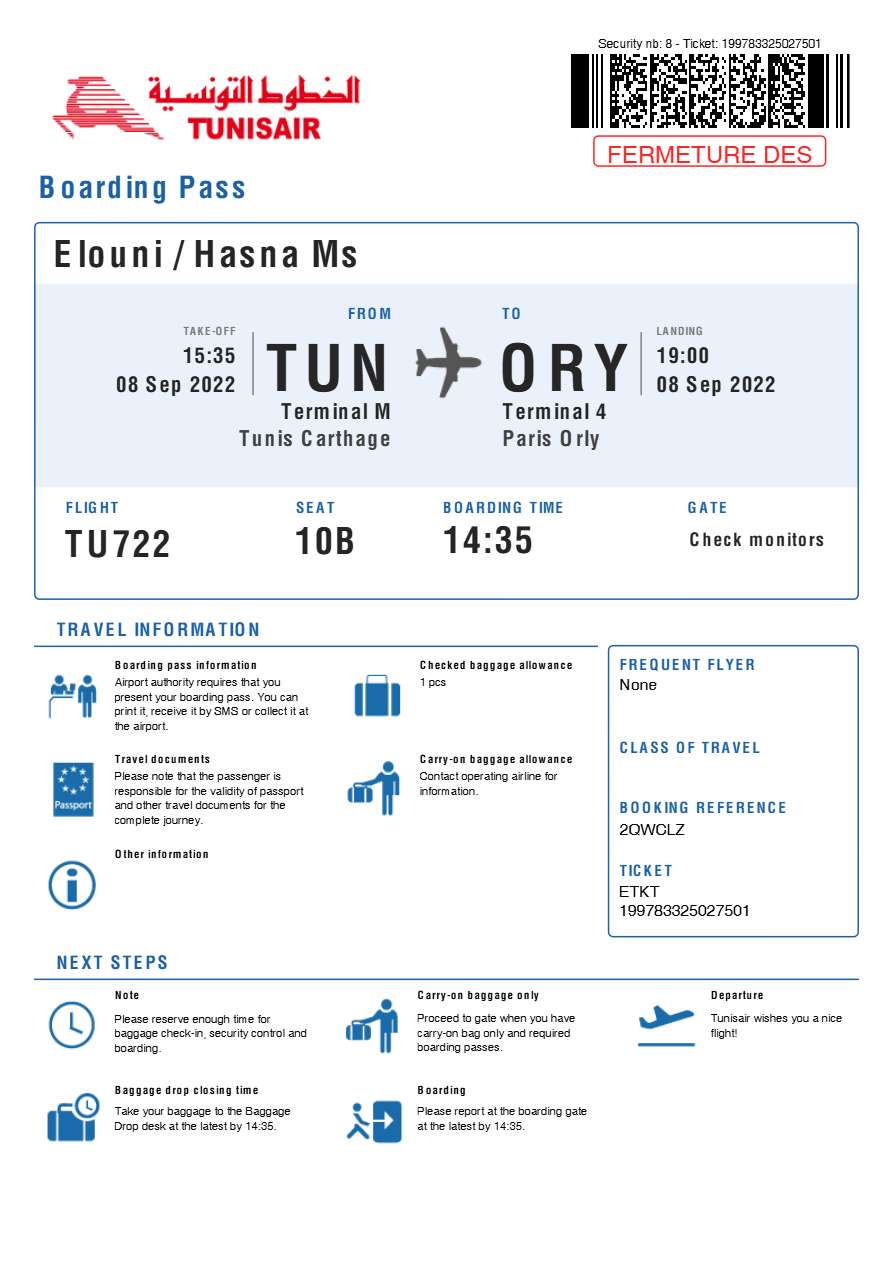 Tunis Air boarding pass in Word and PDF formats