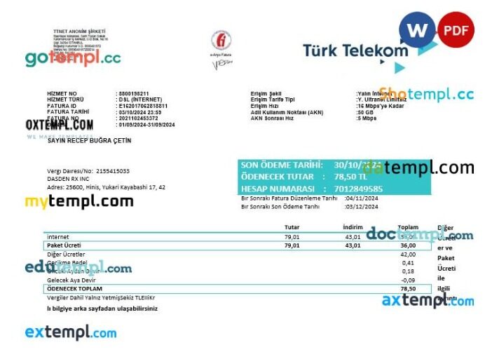 Turkey Turktelekom business utility bill template in Word and PDF formats, fully editable