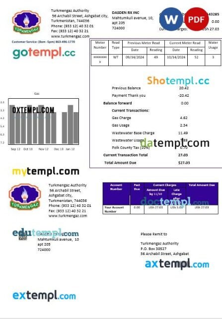 Turkmenistan Turkmengaz business utility bill template in Word and PDF formats