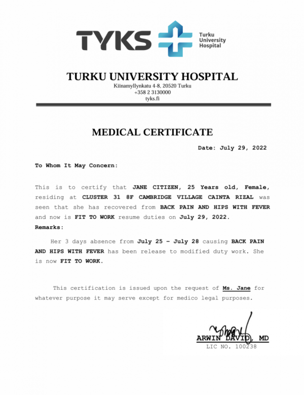 Turku University Hospital medical certificate template in Word and PDF formats