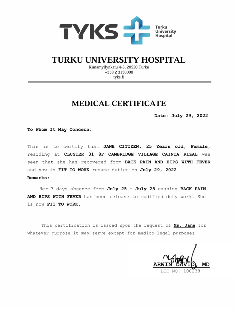 Turku University Hospital medical certificate template in Word and PDF formats