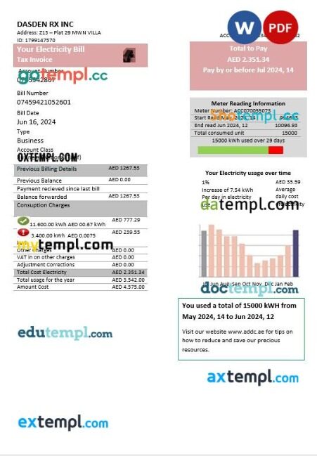 UAE Abu Dhabi Distribution electricity business utility bill in Word and PDF formats