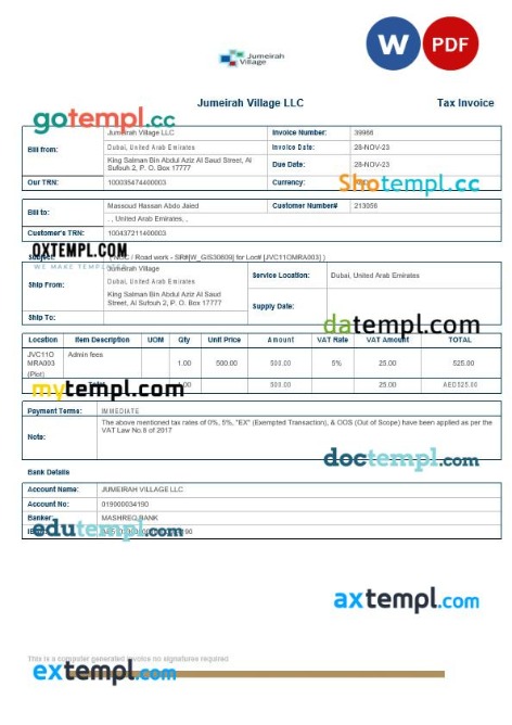 UAE Dubai Jumeirah Village tax invoice editable template in Word and PDF formats