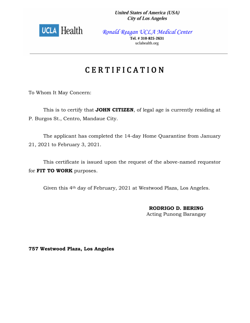 UCLA health – Ronald Reagan Medical Center medical certificate template in Word and PDF formats