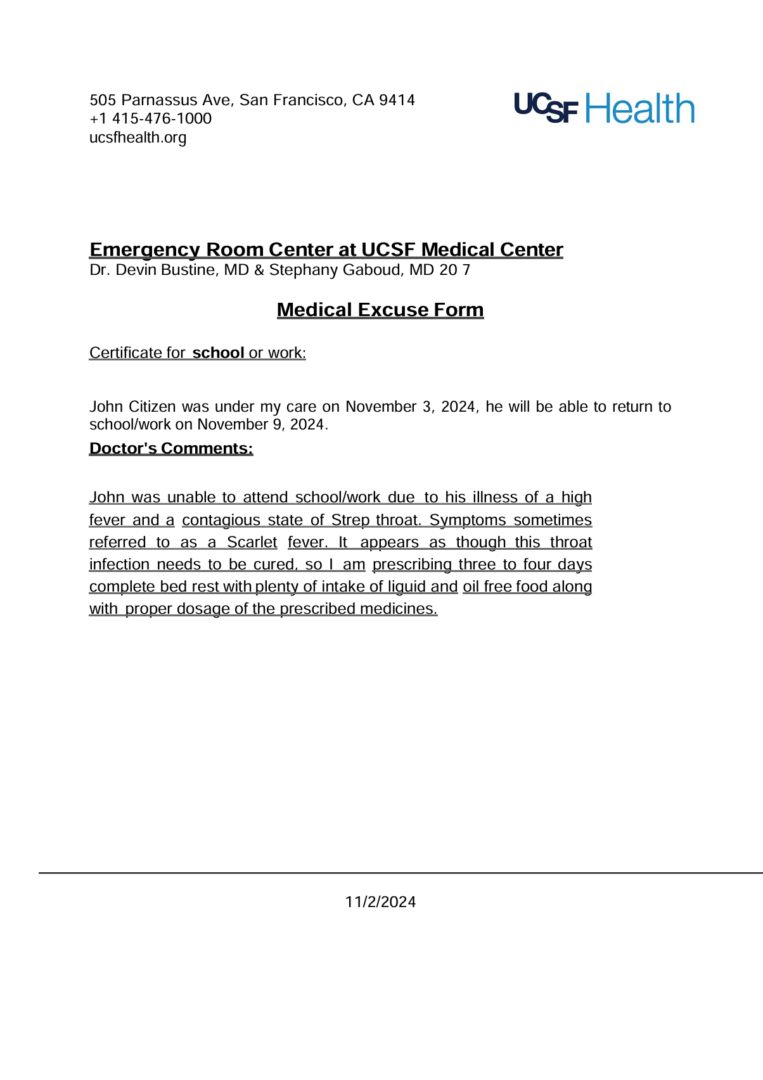 UCSF Medical Center medical excuse template in Word and PDF formats