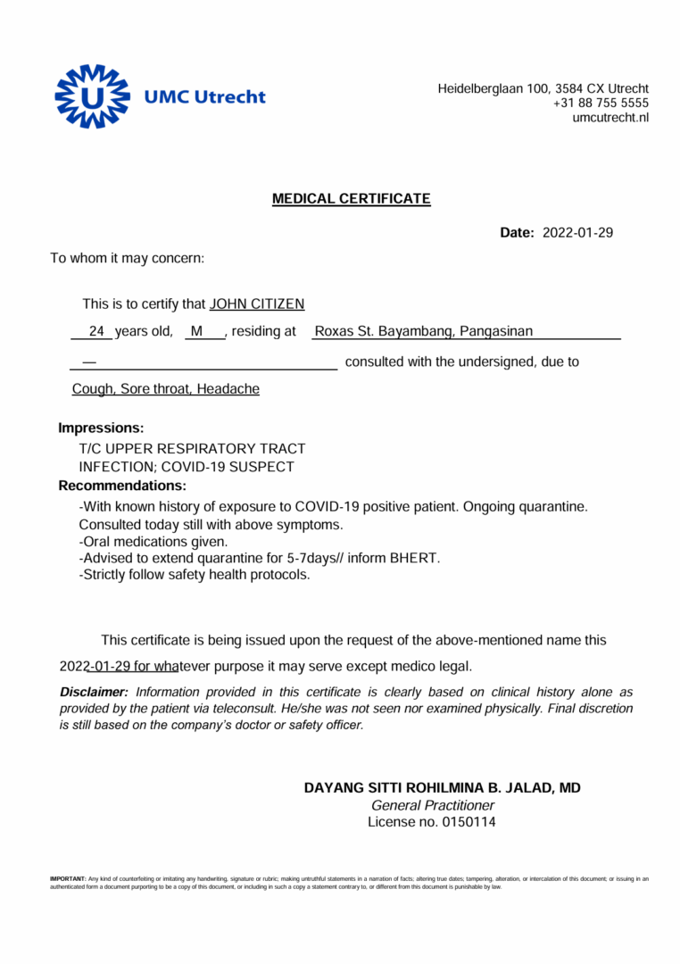 UMC Utrecht medical certificate template in Word and PDF formats