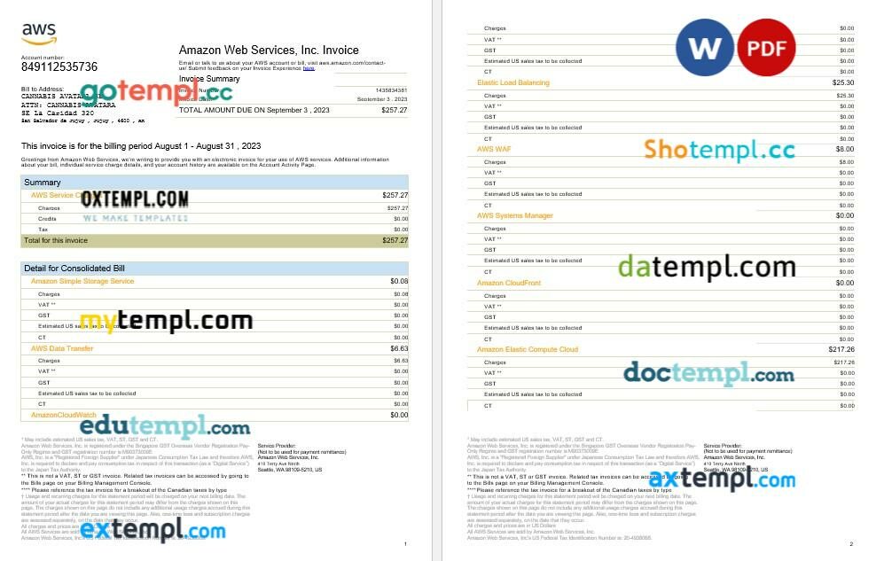 USA Amazon Web Services tax invoice editable template in Word and PDF formats