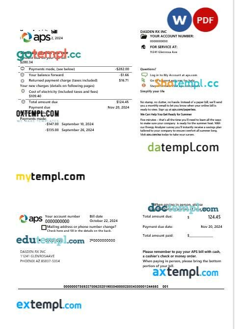 USA Arizona APS electricity proof of address business utility bill template in Word and PDF formats