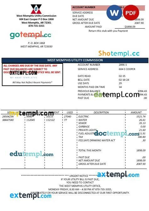 USA California Santa Clarita SCV Water business utility bill template in Word and PDF formats