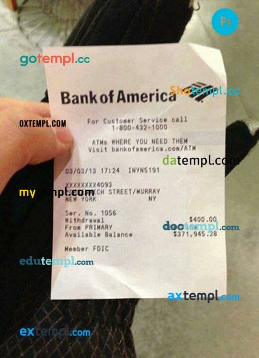 USA Bank of America payment slip PSD template