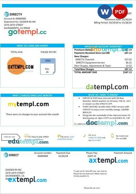 USA California Directv business utility bill template in Word and PDF formats, good for address prove