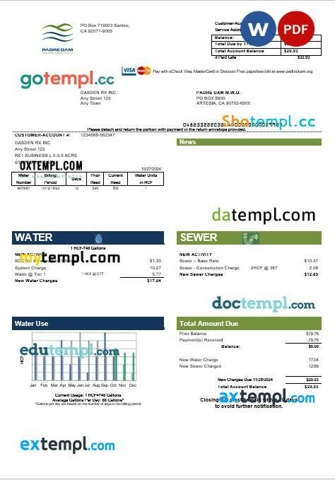 USA California Padredam business utility bill template in Word and PDF formats