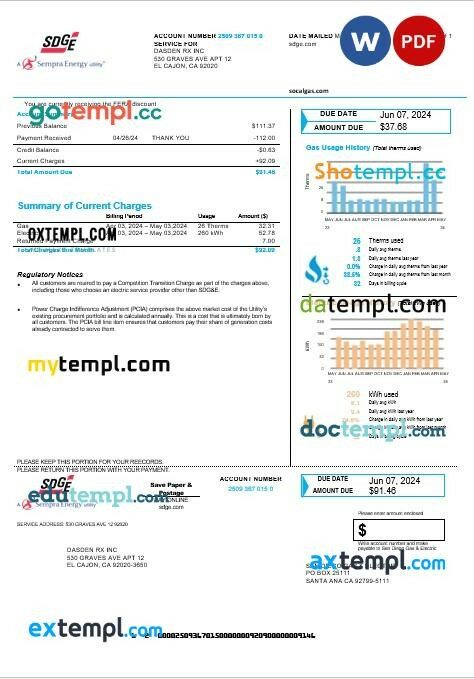 USA California San Diego Gas & Electric (SDG&E) business utility bill template in Word and PDF formats